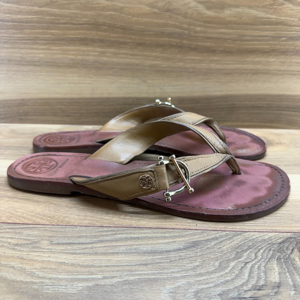 Tory Burch Thea Flat Sandals Womens 8 Tan Caramel Leather Flip Flops